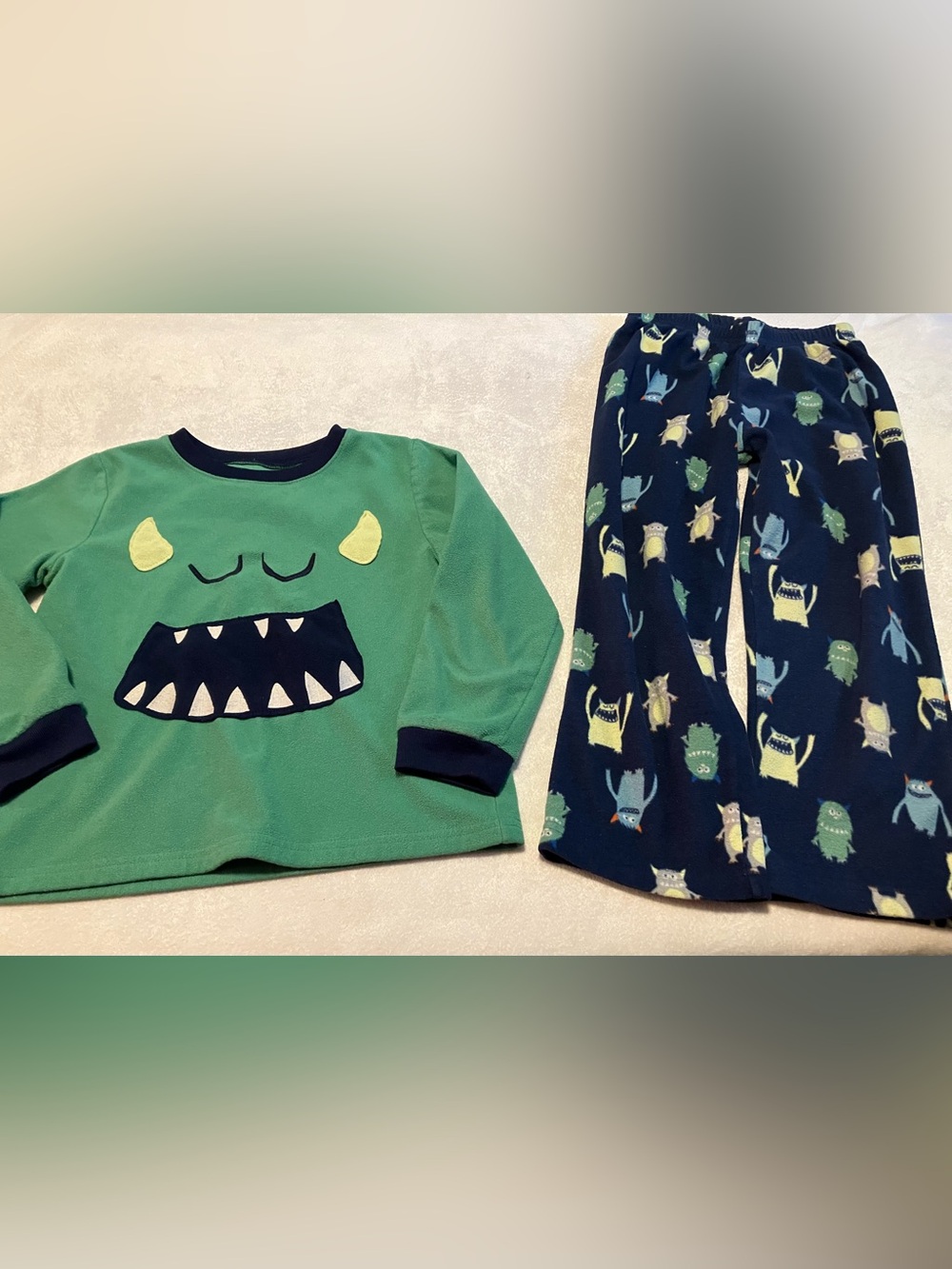 Green Monster Print Kids Pajamas - Long Sleeve Top & Navy Monster Pants